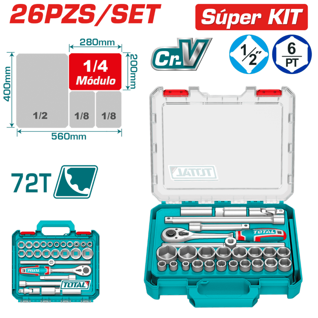 SET RACHET 1/2 + SCOKET + ACC CR-V ACERO 26PCS MALETIN MODULAR INDUSTRIAL – THT121266