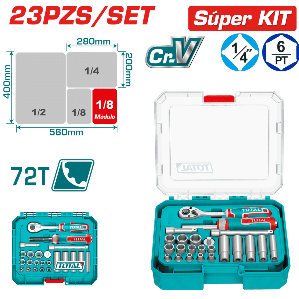 SET RACHET 1/4 + SCOKET CR-V ACERO 23PCS MALETIN MODULAR INDUSTRIAL – THT141236