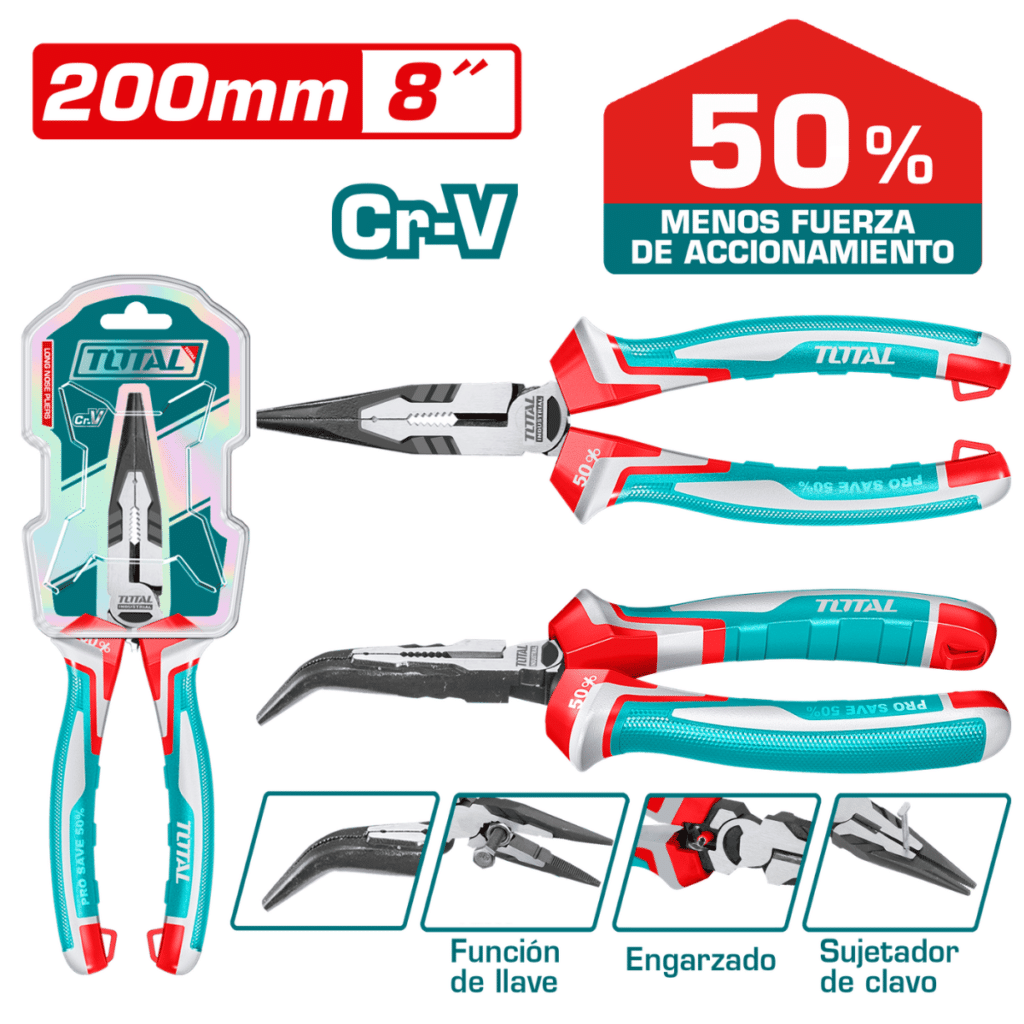 PINZA DE FUERZA PUNTA LARGA CURVA 8» 200MM CR-V / TPR MEJ: 50% INDUSTRIAL – THT241808S