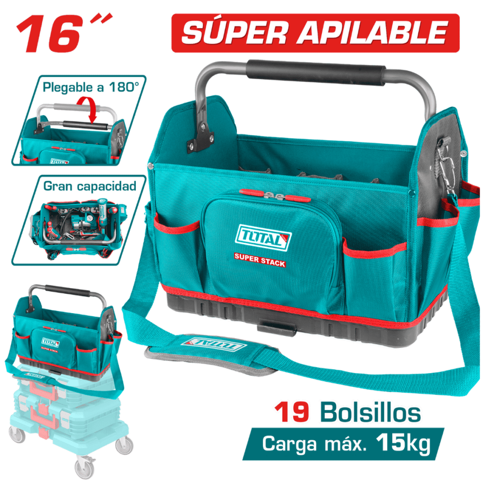 MALETIN DE HERRAMIENTAS 16» 19 BOLSILLOS MAX15KG POLYESTER 1680D APILABLE INDUSTRIAL – THT36L06