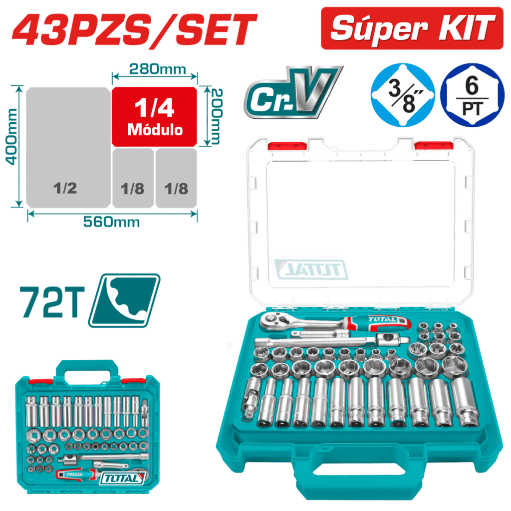 SET RACHET 3/8 + SOCKET 50BV30 43PCS + MALETIN INDUSTRIAL – THT381436