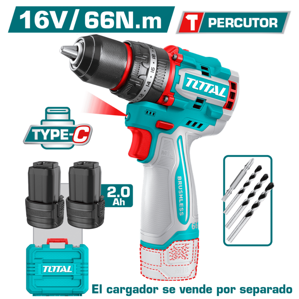 TALADRO PERCUTOR 16V 66NM 13MM USB-C 2X2.0AH +ACC +MALETIN INDUSTRIAL – TIDLI16665