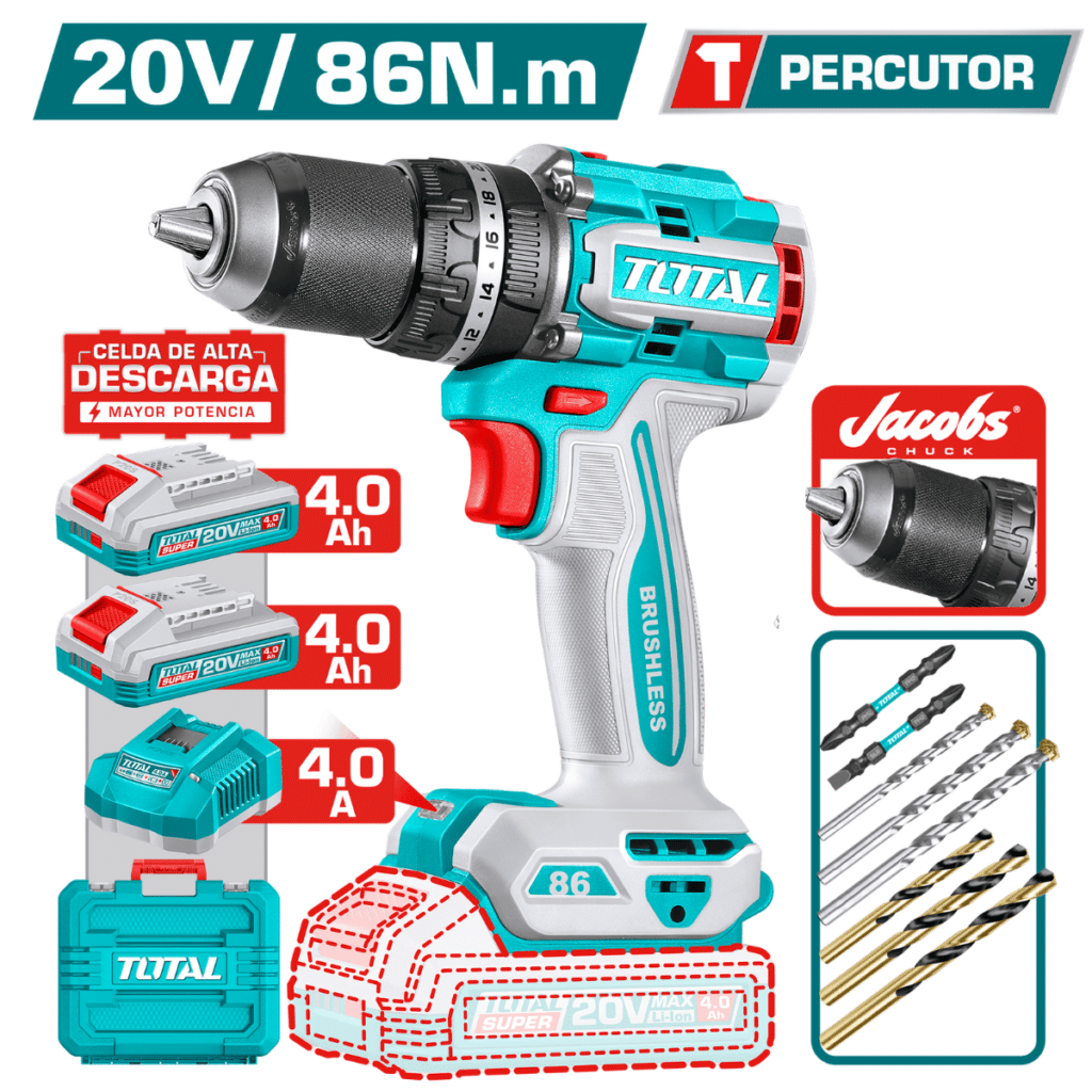 TALADRO PERCUTOR 20V BL 86NM 13MM 2X4.0AH(TC) C:JACOBS + ACC MALETIN INDUSTRIAL – TIDLI208686