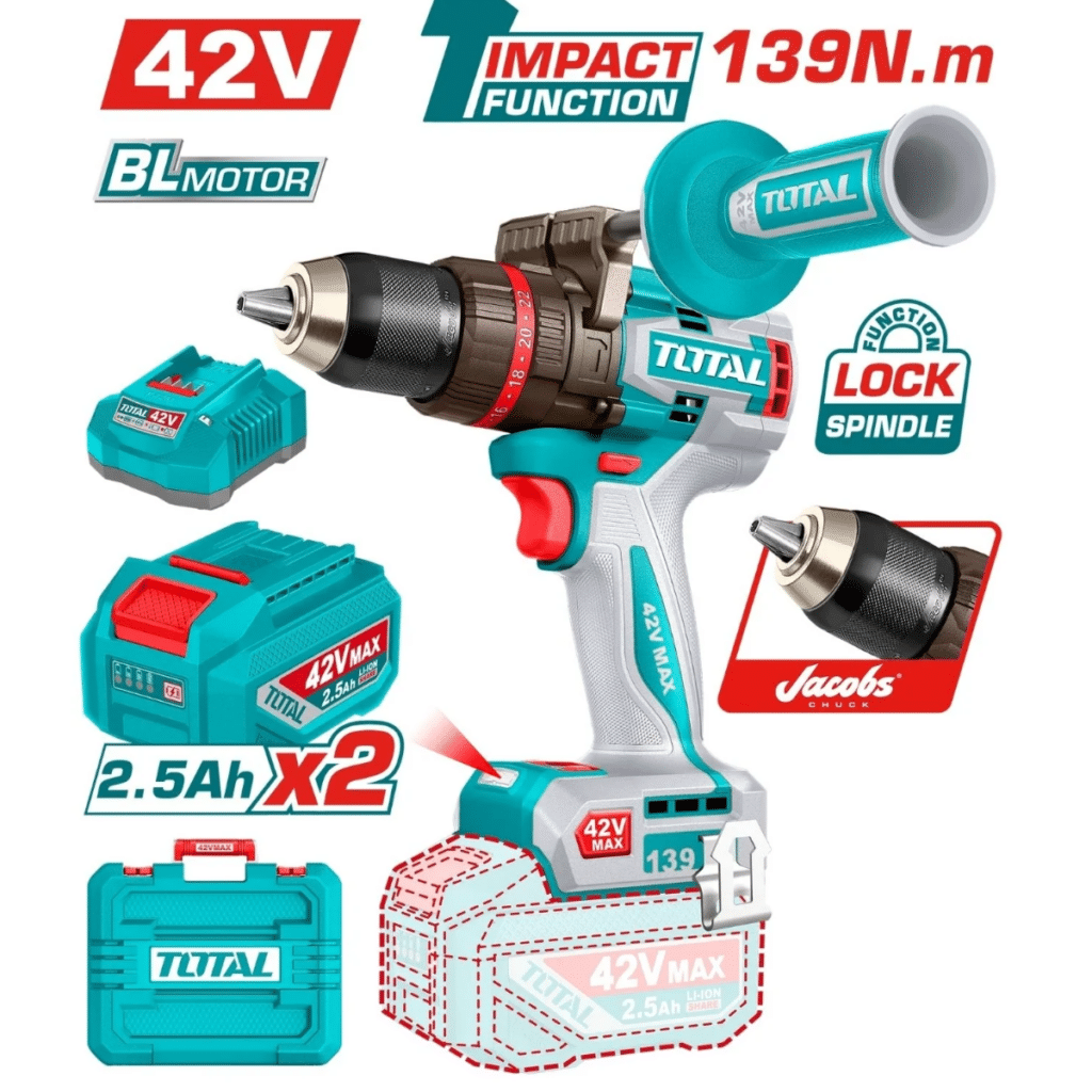 TALADRO PERCUTOR BL 42V 139NM 13MM 2X2.5AH C:JACOBS + MALETIN INDUSTRIAL – TIDLI4213982