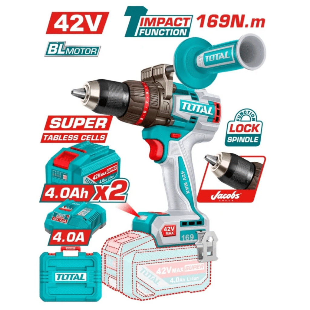TALADRO PERCUTOR BL 42V 169NM 13MM 2X4.0AH TABLESS +ACC CHUCK JACOBS MALETIN INDUSTRIAL – TIDLI4216982