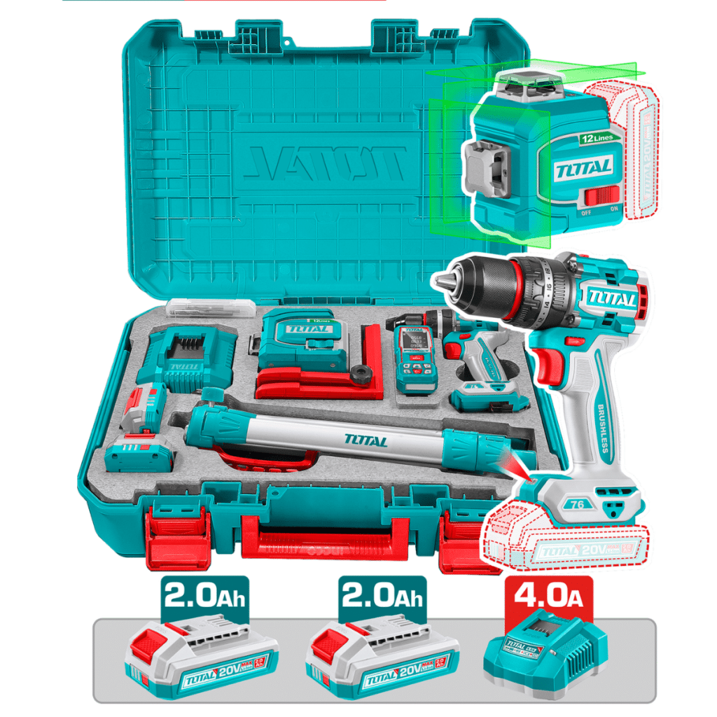 SET (4EN1) TALADRO PERC 76NM + NIVEL LASER + TRIP + MEDIDOR LASER INDUSTRIAL 2X2.0AH – TLL260467