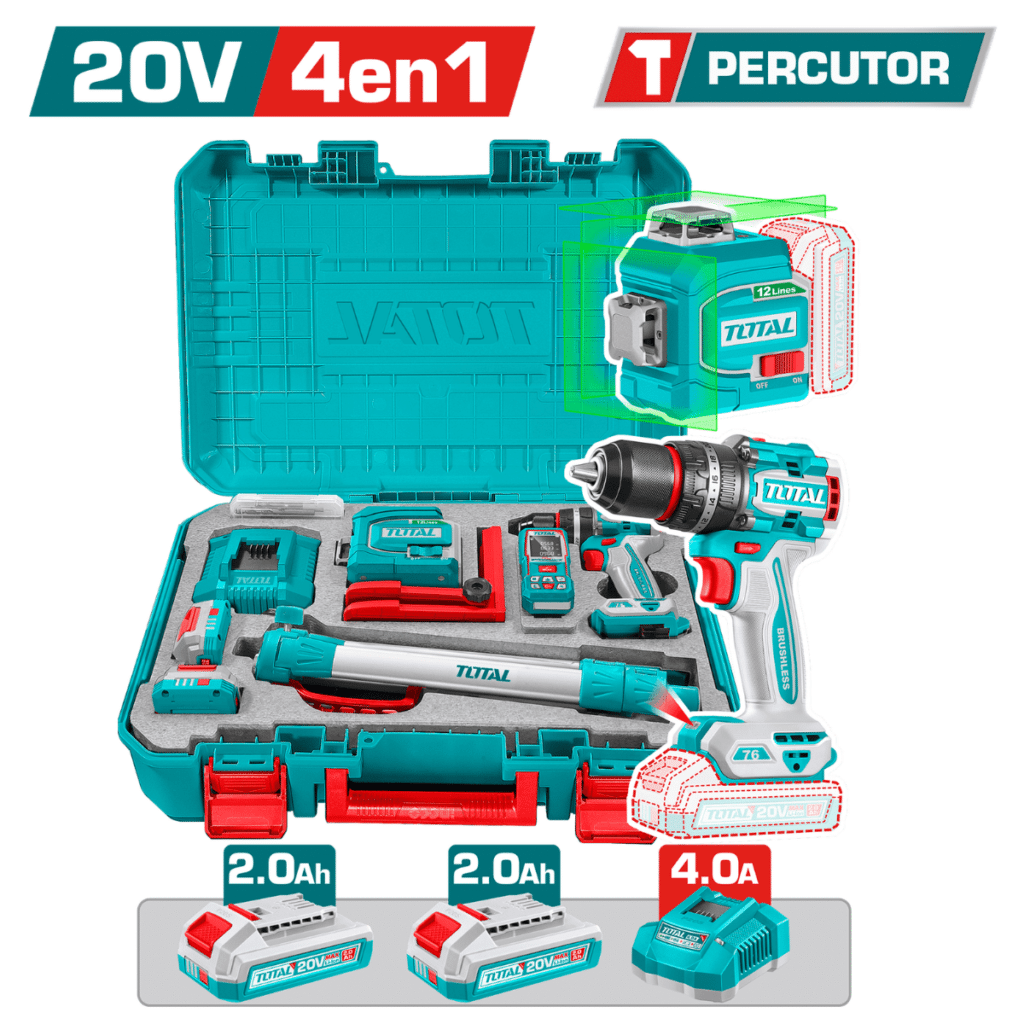 SET (4EN1) TALADRO PERC 76NM + NIVEL LASER + TRIP + MEDIDOR LASER INDUSTRIAL 2X2.0AH – TLL260467