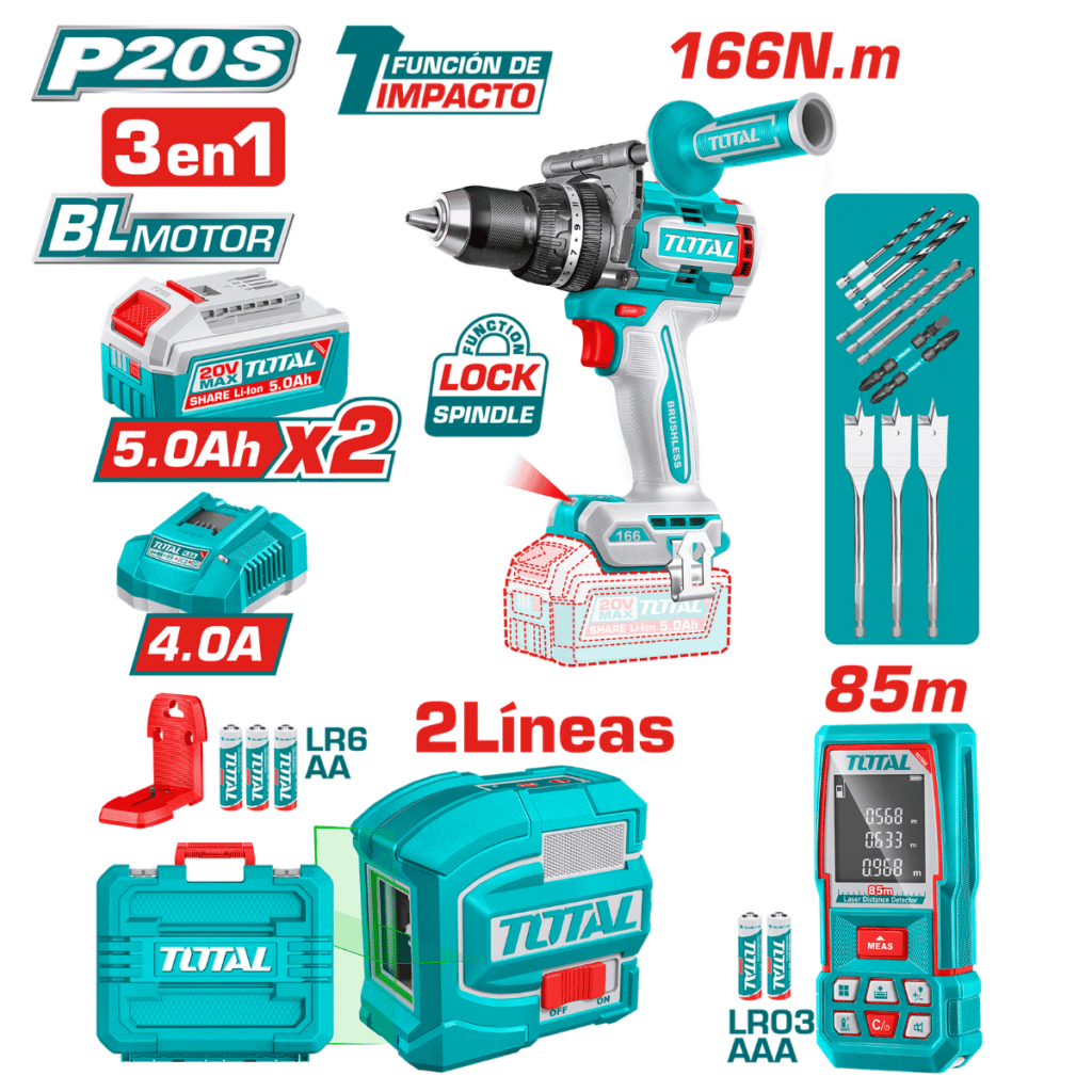 SET (3EN1) TALADRO PERC 166NM + NIVEL LASER + MEDIDOR LASER (2X5.0AH) – TLL260516