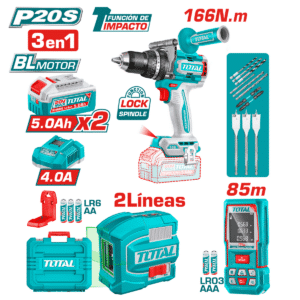 SET (3EN1) TALADRO PERC 166NM + NIVEL LASER + MEDIDOR LASER (2X5.0AH) - TLL260516