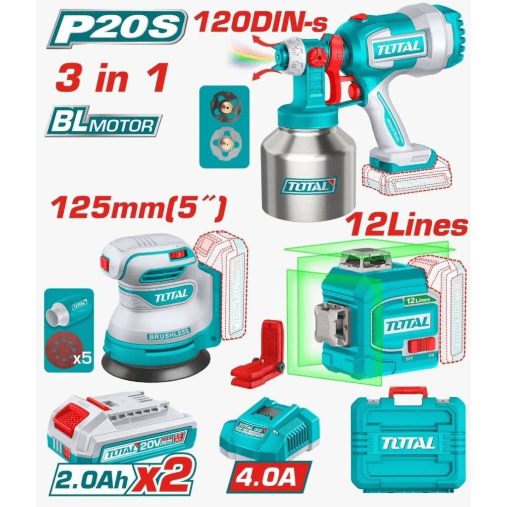 SET (3EN1) LIJADORA 125MM + ROCIADORA PINTURA + NIVEL LASER 2X2.0AH INDUSTRIAL – TLL260567