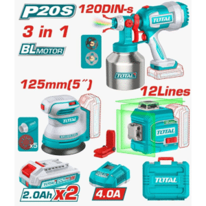 SET (3EN1) LIJADORA 125MM + ROCIADORA PINTURA + NIVEL LASER 2X2.0AH INDUSTRIAL - TLL260567
