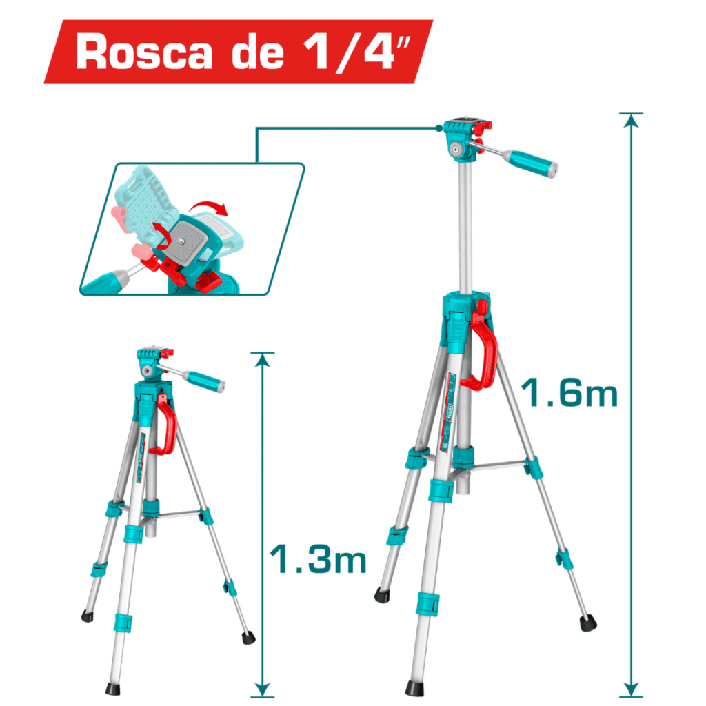 TRÍPODE DE ALUMINIO PARA NIVEL LÁSER, ALTURA 1.3 M, PESO 1.3 KG, ROSCA DE 1/4″ – TLLT01581