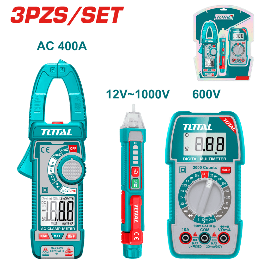 SET AMPERIMETRO + MUTIMETRO + DETECTOR DE VOLTAJE CAT III 600V – TMT23069